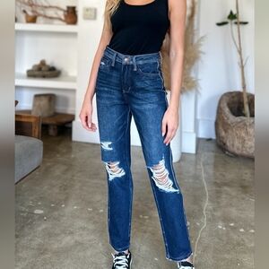 Women's High Waist Ripped Dark Blue Skinny Jeans